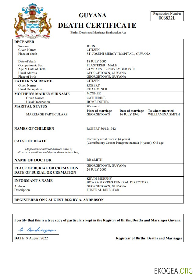 Modèle Word et PDF d'acte de décès en Guyane